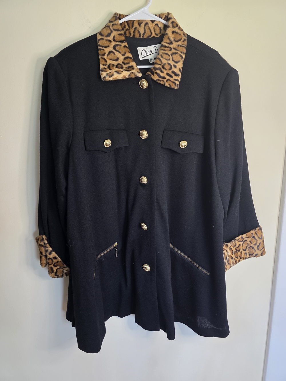 Chou Z Black Peacoat with Leopard-Print Accent
